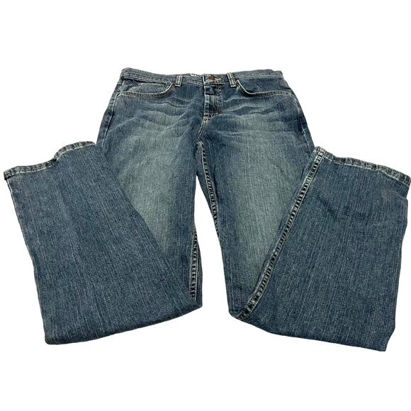 WRANGLER STRAIGHT LEG HI-RISE BLUE JEANS, MENS, 32/34 SLIM-DISTRESSED DENIM BLUE - Picture 7 of 11